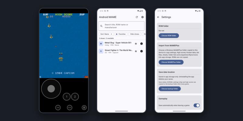Three screens from android_mame: a game running with the on-screen stick, the game list, and settings