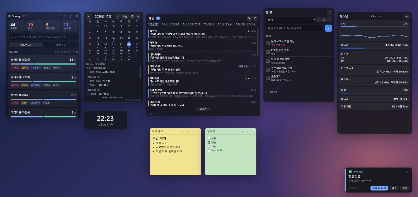여러 위젯이 놓인 바탕화면: 두레이 대시보드, 캘린더, 메일, 할 일, 시계, 스티키 노트, 시스템 모니터